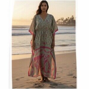 Dolma Kaftan Green Pink Maxi Lightweight Floral Paisley